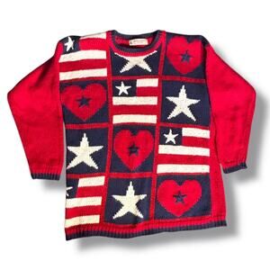 Vintage Petites American Flag Heart Sweater Red Navy Blue Patriotic USA Medium